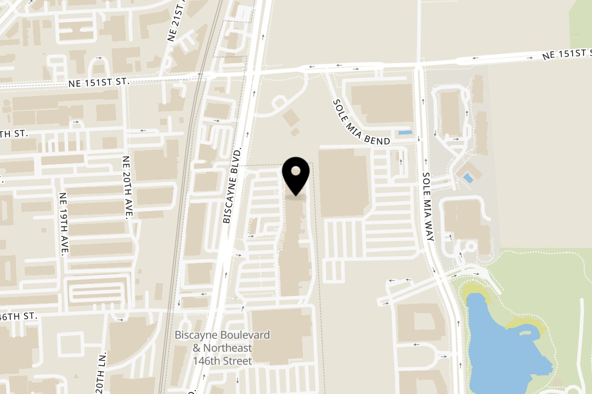 Map showing the location of 1000 Degrees Pizza North Miami Beach on 14821 Biscayne Blvd in North Miami Beach