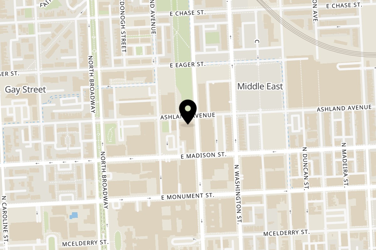 Map showing the location of 1000 Degrees Pizza Baltimore on 1831 Ashland Ave in Baltimore